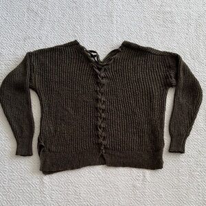Sweet Wanderer olive Green Lace-Up Back Ribbed Sweater Sz M